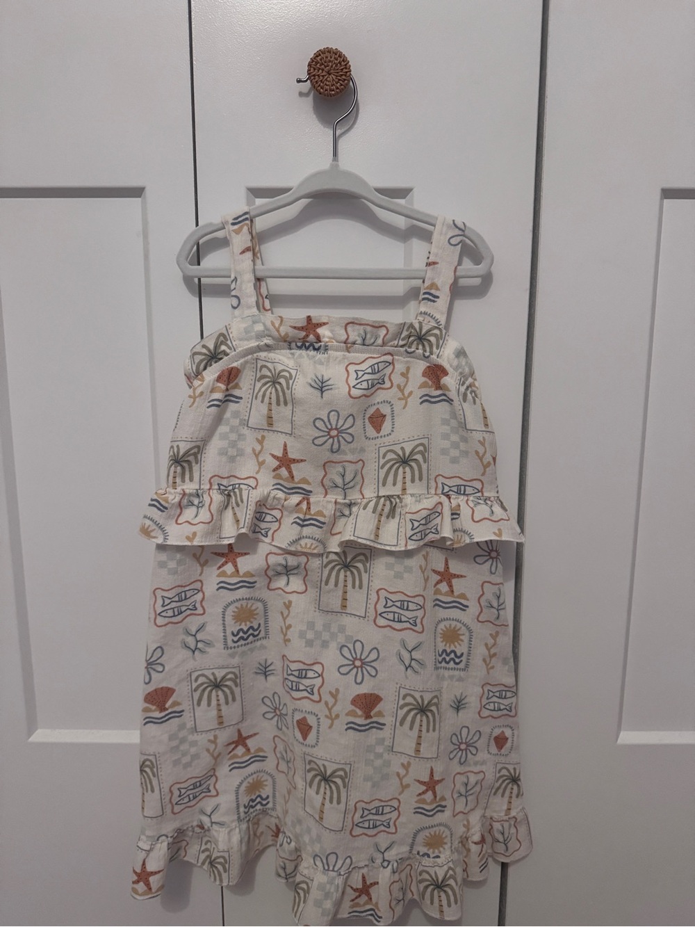 Girls Cream Tropical Print Ruffle Sundress